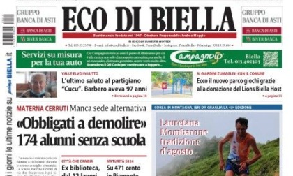 "Materna Cerruti da demolire", 174 alunni senza aule: la prima pagina di Eco di Biella in edicola oggi