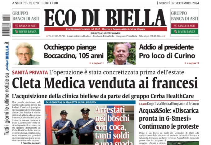 “Cleta Medica venduta ai francesi”: la prima pagina di Eco di Biella in edicola oggi