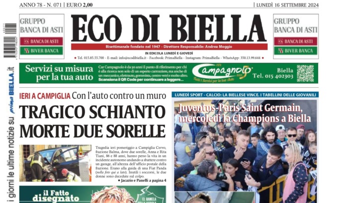 “Tragico schianto, morte due sorelle”: la prima pagina di Eco di Biella in edicola oggi