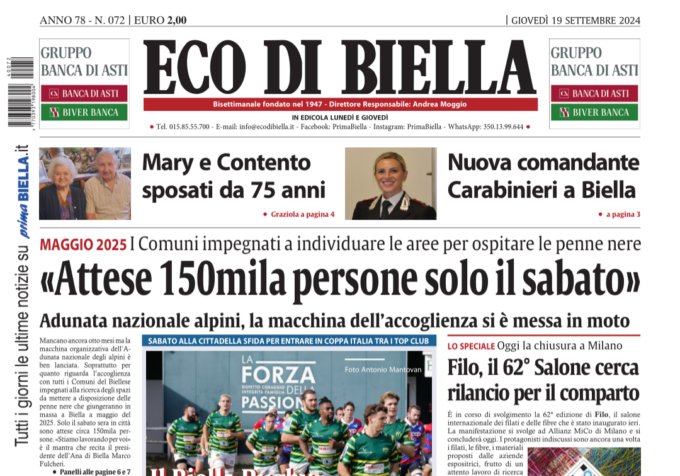 “Adunata 2025, attese 150mila persone solo il sabato”: la prima pagina di Eco di Biella in edicola oggi