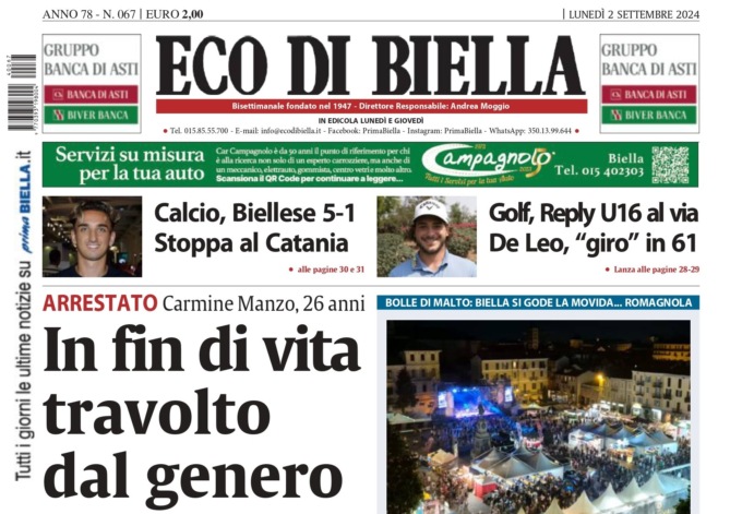 “In fin di vita travolto dal genero”: la prima pagina di Eco di Biella in edicola oggi