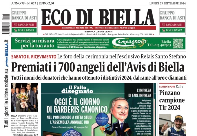 “Premiati i 700 angeli di Avis Biella”: la prima pagina di Eco di Biella in edicola oggi