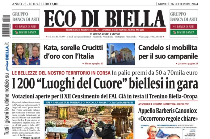 “I 200 Luoghi del cuore biellesi in gara”: la prima pagina di Eco di Biella in edicola oggi