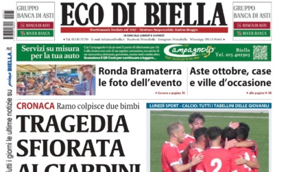 "Tragedia sfiorata ai giardini": la prima pagina di Eco di Biella in edicola oggi