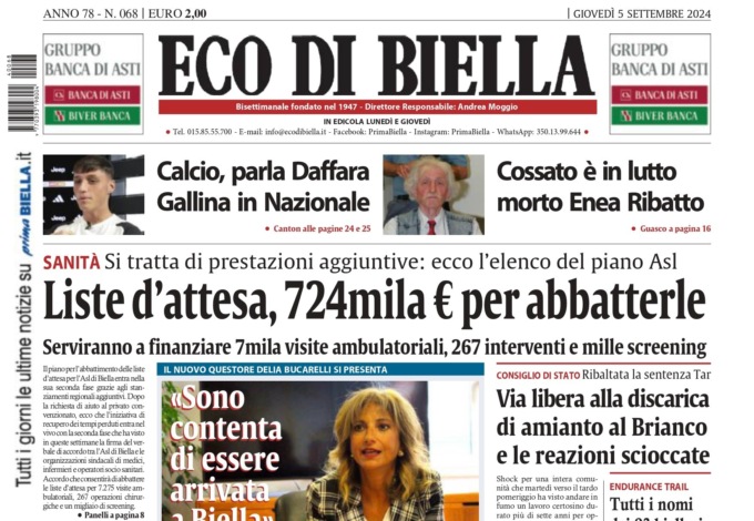 “Liste d’attesa, 724mila euro per abbatterle”: la prima pagina di Eco di Biella in edicola oggi