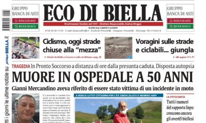 "Muore in ospedale a 50 anni": la prima pagina di Eco di Biella in edicola oggi