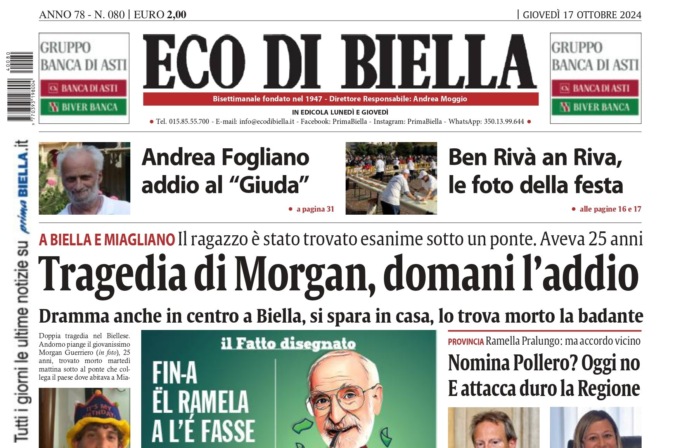 “Tragedia di Morgan, domani l’addio”: la prima pagina di Eco di Biella in edicola oggi