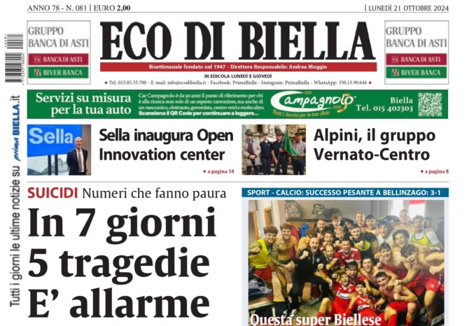 “In 7 giorni 5 tragedie. È allarme”: la prima pagina di Eco di Biella in edicola oggi