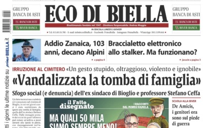 "Vandalizzata la tomba di famiglia": la prima pagina di Eco di Biella in edicola oggi