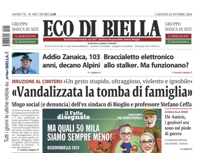 “Vandalizzata la tomba di famiglia”: la prima pagina di Eco di Biella in edicola oggi
