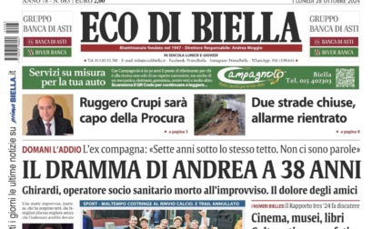 "Il dramma di Andrea a 38 anni": la prima pagina di Eco di Biella in edicola oggi