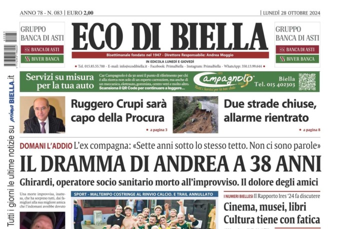 “Il dramma di Andrea a 38 anni”: la prima pagina di Eco di Biella in edicola oggi