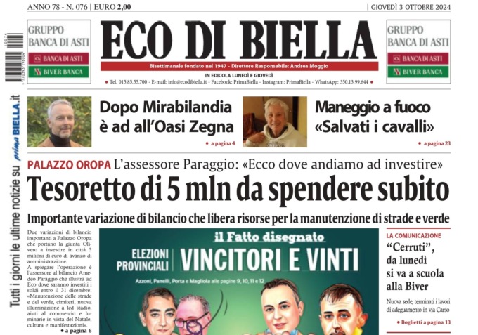 “Tesoretto da 5 mln da spendere subito”: la prima pagina di Eco di Biella in edicola oggi