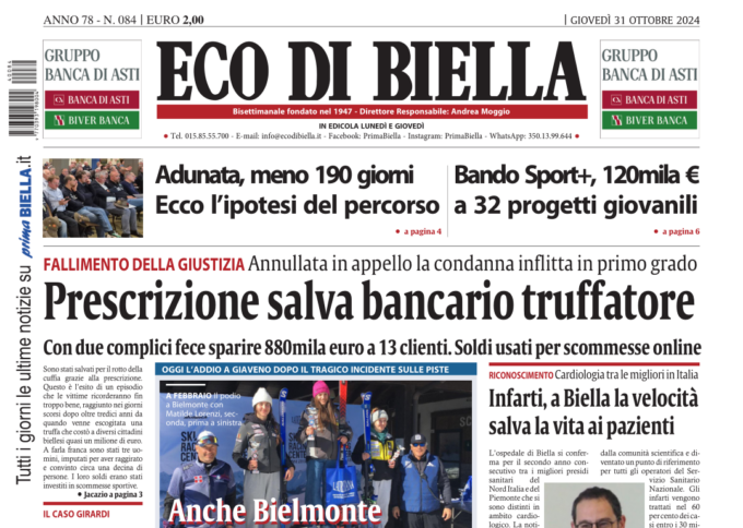 “Prescrizione salva bancario truffatore”: la prima pagina di Eco di Biella in edicola oggi