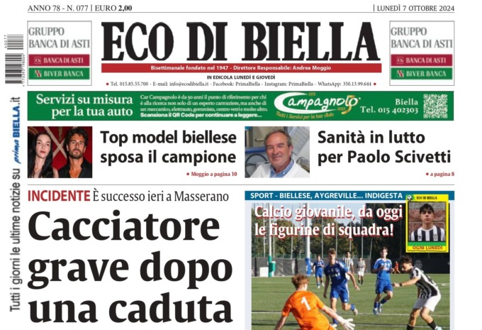 “Cacciatore grave dopo una caduta”: la prima pagina di Eco di Biella in edicola oggi