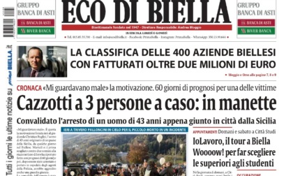 "Cazzotti a tre persone a caso: in manette": la prima pagina di Eco di Biella in edicola oggi