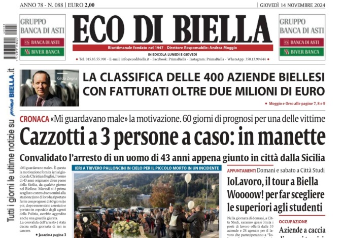 “Cazzotti a tre persone a caso: in manette”: la prima pagina di Eco di Biella in edicola oggi