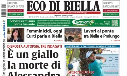 "È un giallo la morte di Alessandra": la prima pagina di Eco di Biella in edicola oggi