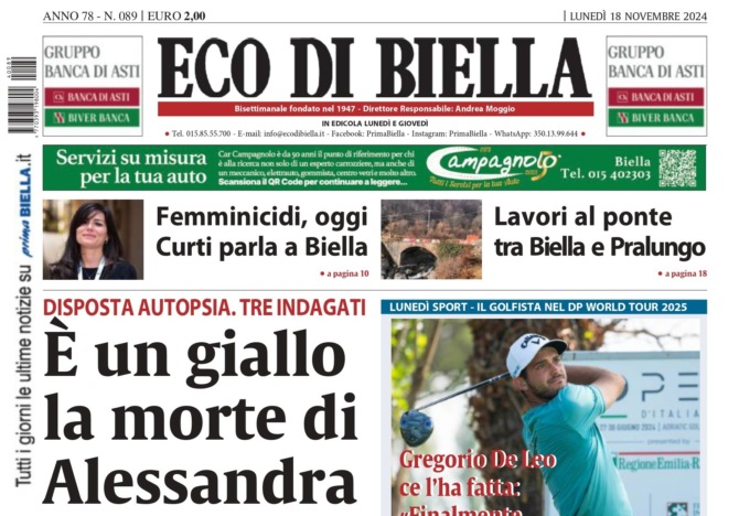 “È un giallo la morte di Alessandra”: la prima pagina di Eco di Biella in edicola oggi