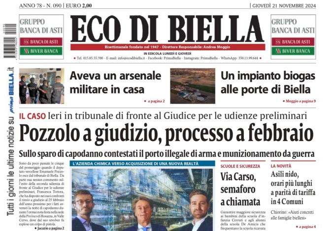“Pozzolo a giudizio, processo a febbraio”: la prima pagina di Eco di Biella in edicola oggi