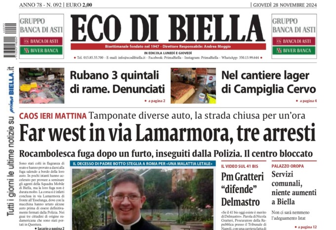 “Far west in via Lamarmora, tre arresti”: la prima pagina di Eco di Biella in edicola oggi