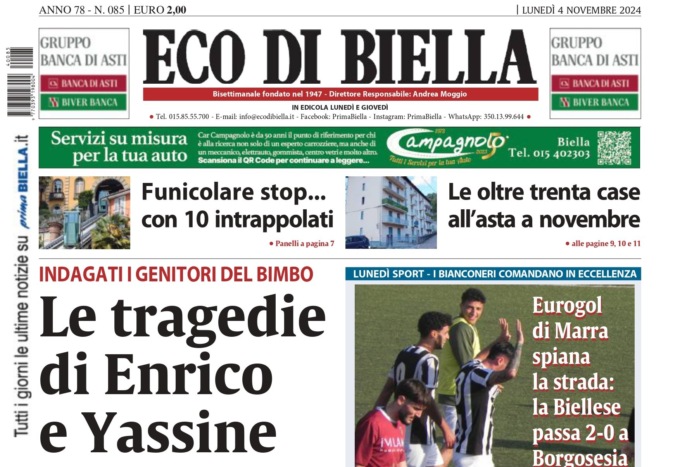 “Le tragedie di Enrico e Yassine”: la prima pagina di Eco di Biella in edicola oggi