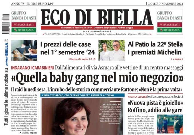 “Quella baby gang nel mio negozio”: la prima pagina di Eco di Biella in edicola oggi
