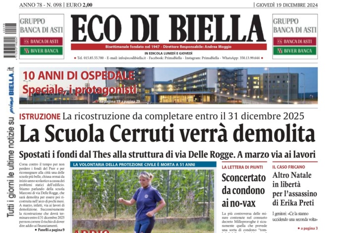 “La scuola Cerruti verrà demolita”: la prima pagina di Eco di Biella in edicola oggi