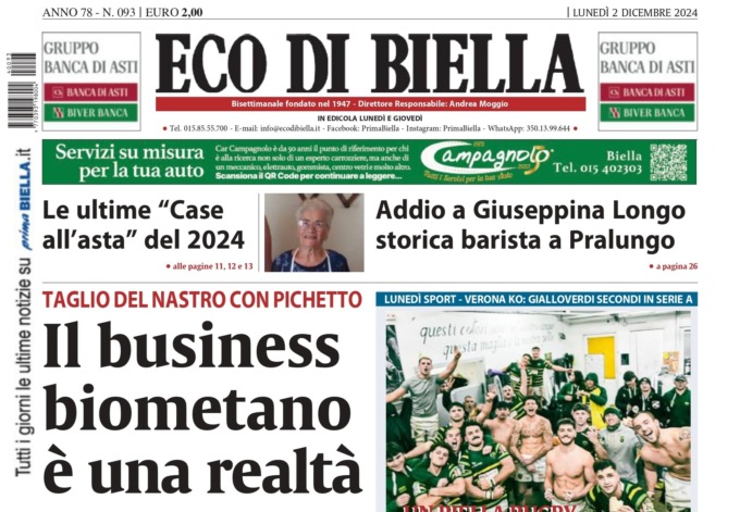 “Il business biometano è realtà”: la prima pagina di Eco di Biella in edicola oggi