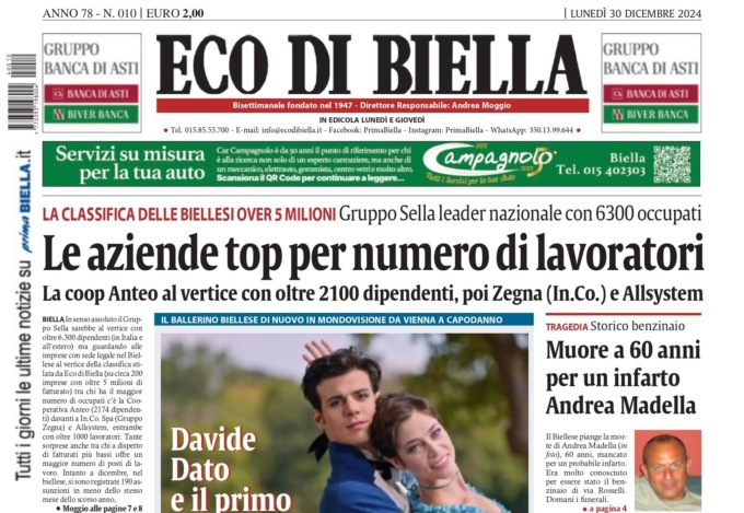 “Le aziende top per numero di lavoratori”: la prima pagina di Eco di Biella in edicola oggi