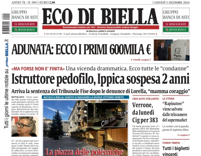 “Istruttore pedofilo, Ippica sospesa 2 anni”: la prima pagina di Eco di Biella in edicola oggi