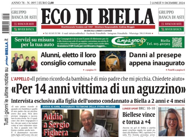 “Per 14 anni vittima di un aguzzino”: la prima pagina di Eco di Biella in edicola oggi