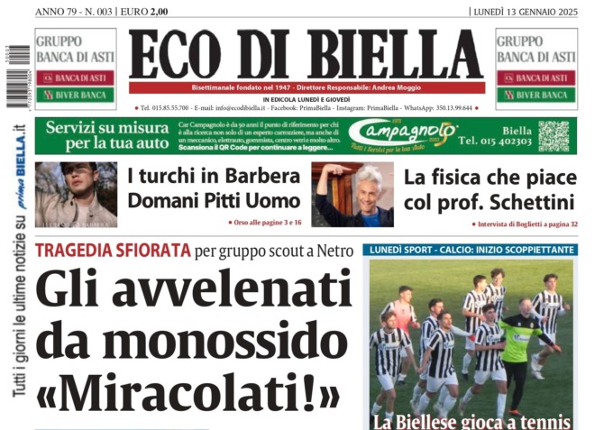 “Gli avvelenati da monossido ‘Miracolati'”: la prima pagina di Eco di Biella in edicola oggi