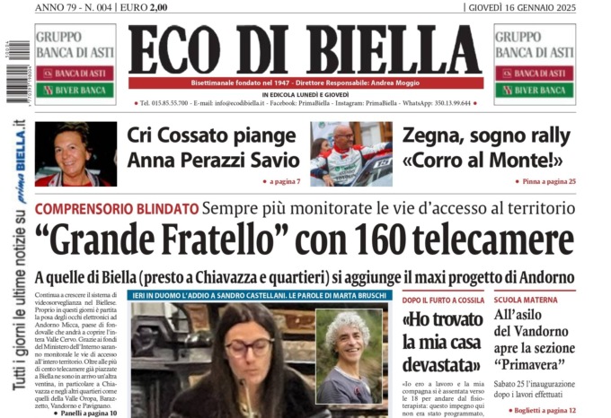 “‘Grande Fratello’ con 160 telecamere”: la prima pagina di Eco di Biella in edicola oggi