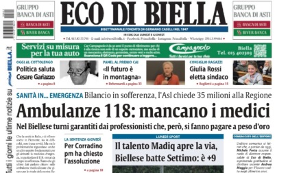 "Ambulanze 118: mancano i medici": la prima pagina di Eco di Biella in edicola oggi