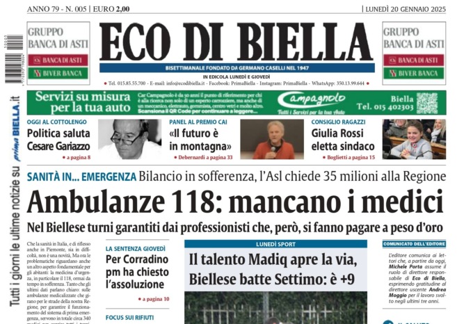 “Ambulanze 118: mancano i medici”: la prima pagina di Eco di Biella in edicola oggi
