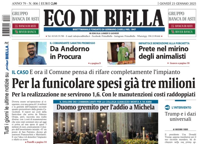 “Per la funicolare spesi già tre milioni”: la prima pagina di Eco di Biella in edicola oggi