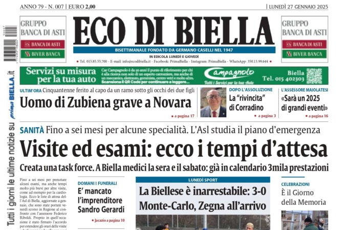 “Visite ed esami: ecco i tempi d’attesa”: la prima pagina di Eco di Biella in edicola oggi