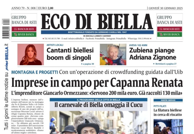 “Imprese in campo per Capanna Renata”: la prima pagina di Eco di Biella in edicola oggi
