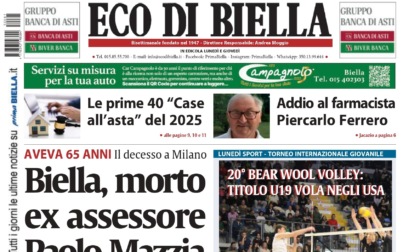 "Biella, morto ex assessore Paolo Mazzia": la prima pagina di Eco di Biella in edicola oggi