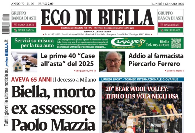 “Biella, morto ex assessore Paolo Mazzia”: la prima pagina di Eco di Biella in edicola oggi