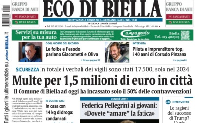 "Multe per 1,5 milioni di euro in città": la prima pagina di Eco di Biella in edicola oggi