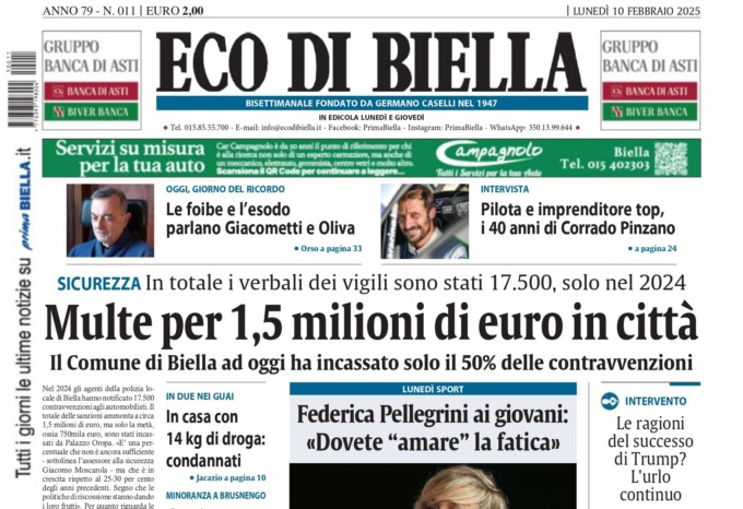 “Multe per 1,5 milioni di euro in città”: la prima pagina di Eco di Biella in edicola oggi