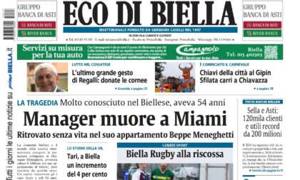 "Manager morto a Miami": la prima pagina di Eco di Biella in edicola oggi