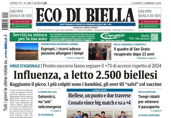 “Influenza, a letto 2.500 biellesi”: la prima pagina di Eco di Biella in edicola oggi