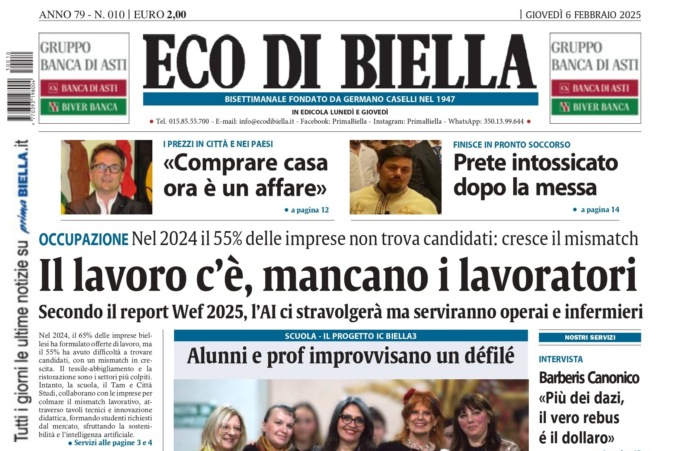 “Il lavoro c’è, mancano i lavoratori”: la prima pagina di Eco di Biella in edicola oggi