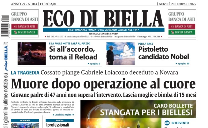 “Muore dopo operazione al cuore”: la prima pagina di Eco di Biella in edicola oggi