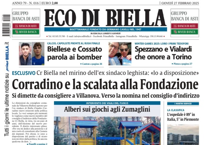 “Esclusivo, Corradino e la scalata alla Fondazione”: la prima pagina di Eco di Biella in edicola oggi
