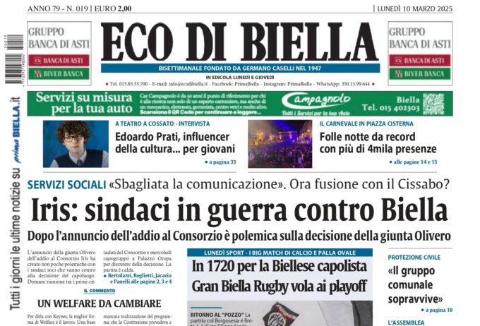 “Iris: sindaci in guerra contro Biella”: la prima pagina di Eco di Biella in edicola oggi