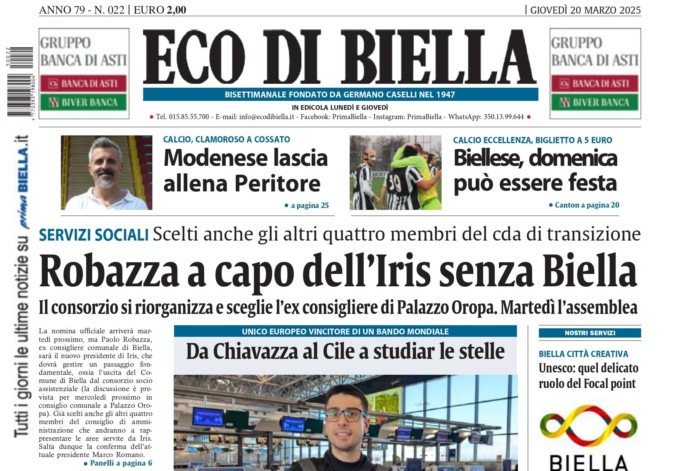 “Robazza a capo dell’Iris senza Biella”: la prima pagina di Eco di Biella in edicola oggi
